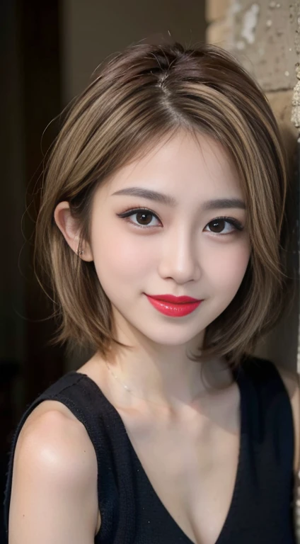 blush a little and smile, (Top quality masterpiece:1.2) Delicate illustrations, Very detailed, /Beautiful Japanese Women、1 person,Very cute and slim、Great style 、((8k images、super high quality))、Very delicate face, Big Breasts、Skin and Hair、beautifule forehead、Red lipstick、(((((short hair、Blonde、lure))))),Very cute Japanese cut face、Eyes and nose are clearly visible、Kind eyes,((((Black sleeveless fashion))))