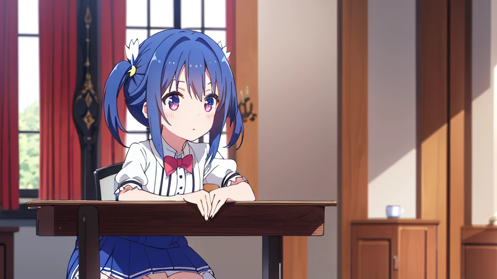 Girl dressed in black and white gothic lolita with stockings, blue hair, Red eyes, short skirt with small breasts, pink display in the room, high quality 2k masterpiece. 