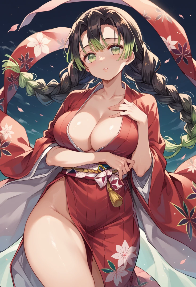 palla, 1girl, solo, ((Tight leotard)), ((sexy pose)), ((Wrestling ring)), hair ornament, cowboy shot, flower, japanese clothes, hair flower, kimono, sash, obi, tabi, checkered clothes, hair up, green kimono