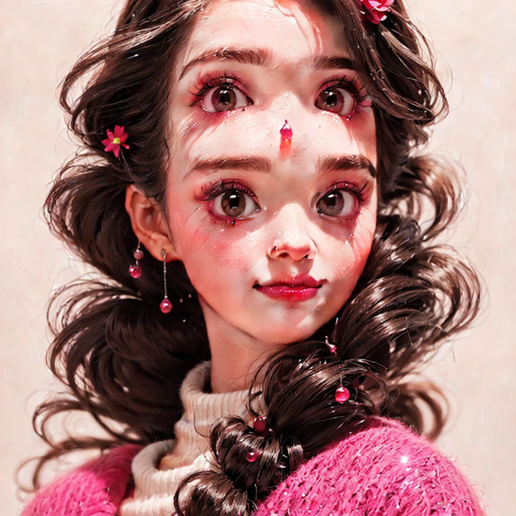 (This is an immaculate horror fantasy image that feels unnervingnand emphasizes glitter and iridescence.) Generate a ((blind)) obscurly perfectnwoman with grey silver curly hair and milky white eyes. Her face is important and is perfectly formed with puffy lips and perfect features. (Her eyes are critically important and are (blank) and (solid white)). The image exudes ethereal beauty and soft fantasy/ aswell as sinister tones of subtle violence. Include sweet and detailed birds/ some with severed heads and soft, luminous flowers with blood drops like dew drops w white highlights. The image's background is decorated in shades of pink, shimmer, glitter, and macabre fantasy details like colored bubbles, skulls and cosmos. Utilize dynamic composition to create a compelling and action-packed image. Dramatic lighting and cinematic lighting enhance the woman's beauty and the soft colors in the artwork. Include fantasy, cute, colorful, colourful, interesting magic background, ((((blank eyes)))), ((((empty white eyes)))), (shirome eyes:1.3), (smirking), (perfectly rendered solid whiteeyes), ((short neck)) wide dental exaggerated smile disturbingly contrasting the entire peice outside of it