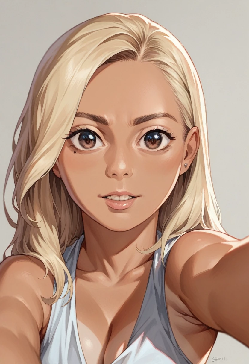 8K,Best quality, masterpiece, ultra high res, (photorealistic:1.4), raw photo, (Authentic skin texture:1.3), (film grain:1.3), (selfie angle),1girl,beautiful detailed eyes and face,masterpiece, best quality,close-up,upper bod, tan skin, blonde hair, gyary style, gyaru makeup.