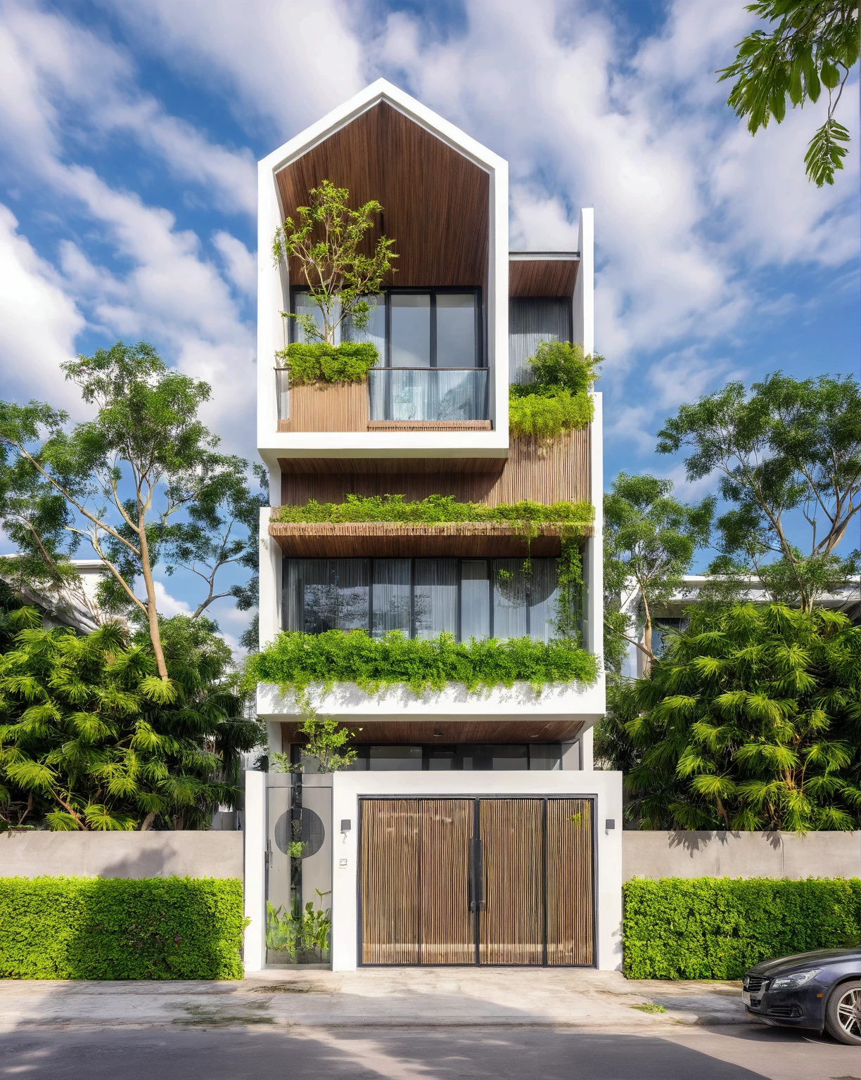 Raw photo,Masterpiece, high quality, best quality, authentic, super detail, outdoors, house style modern,bietthuhn, white wall, glass windows, gate road,pavement, grass, trees, sky, cloud, (day:1.1),
