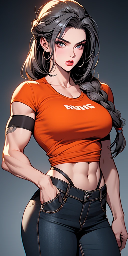 Body building muscle huge and chest large very , girl adult with hair gray long very and hairstyle plaits gray long very and large Very,face perfect and eyes yellow with lips red hot , she wear a pants mom blue and t-shirt taller orange, detailed perfect and quality high Hyperrealism,high quality,high detailed,ultra detailed