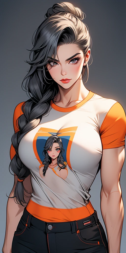Body building muscle huge and chest large very , girl adult with hair gray long very and hairstyle plaits gray long very and large Very,face perfect and eyes yellow with lips red hot , she wear a pants mom blue and t-shirt taller orange, detailed perfect and quality high  Hyperrealism,high quality,high detailed,ultra detailed