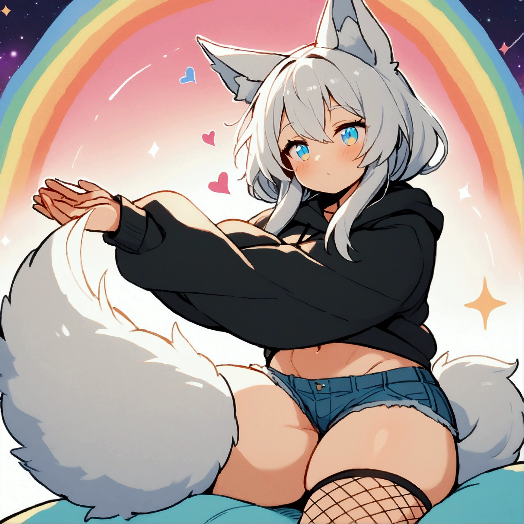 a cute adult male with wolf ears, long white hair, long locks, has a wolf tail, wearing a loose cropped black hoodie, wearing a pair of denim short shorts and fishnet stockings, thick thighs, wide hips, relaxing on mound of fluffy multi colored plushies, short, very slim, showing slender tummy, heart on hoodie, squishy thighs, has glowing blue eyes. alone, solo (ALONE)(SOLO), surrounded by rainbows, colorful galaxy backround, stretching, giggling