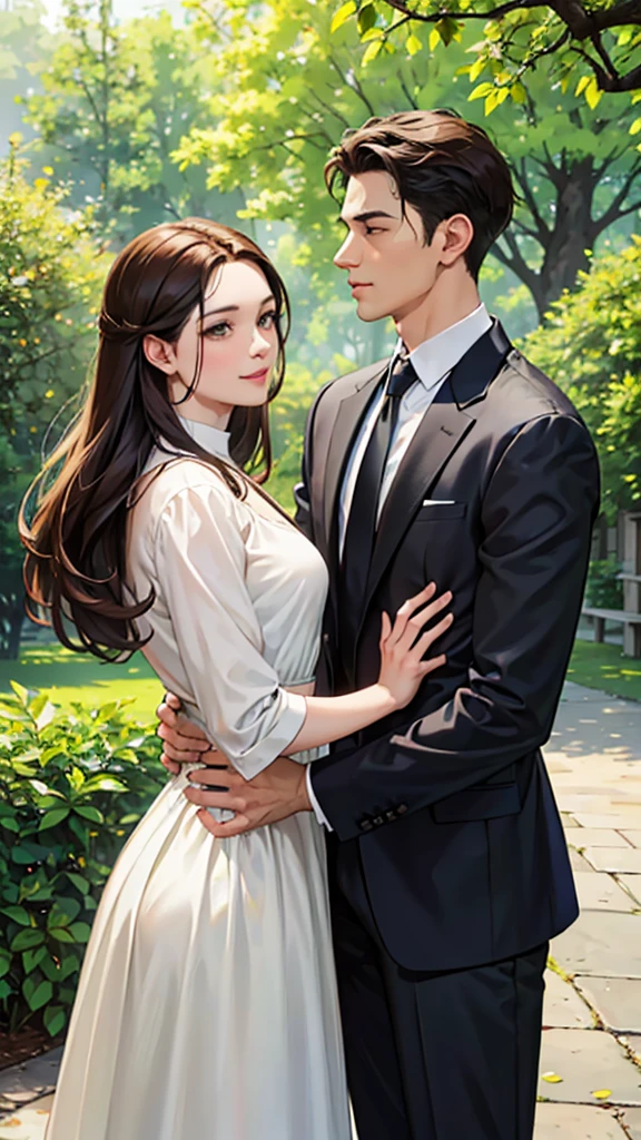 In a daytime park, a man and a woman are standing face to face with their foreheads touching, surrounded by a happy atmosphere. The man has short black hair and is wearing a black suit, appearing handsome. The woman has long brown hair and is wearing a white dress perfect for a date. The park is filled with green trees and blooming flowers, with gentle sunlight shining down. Both have realistic skin textures, and the image should be a masterpiece of high quality.