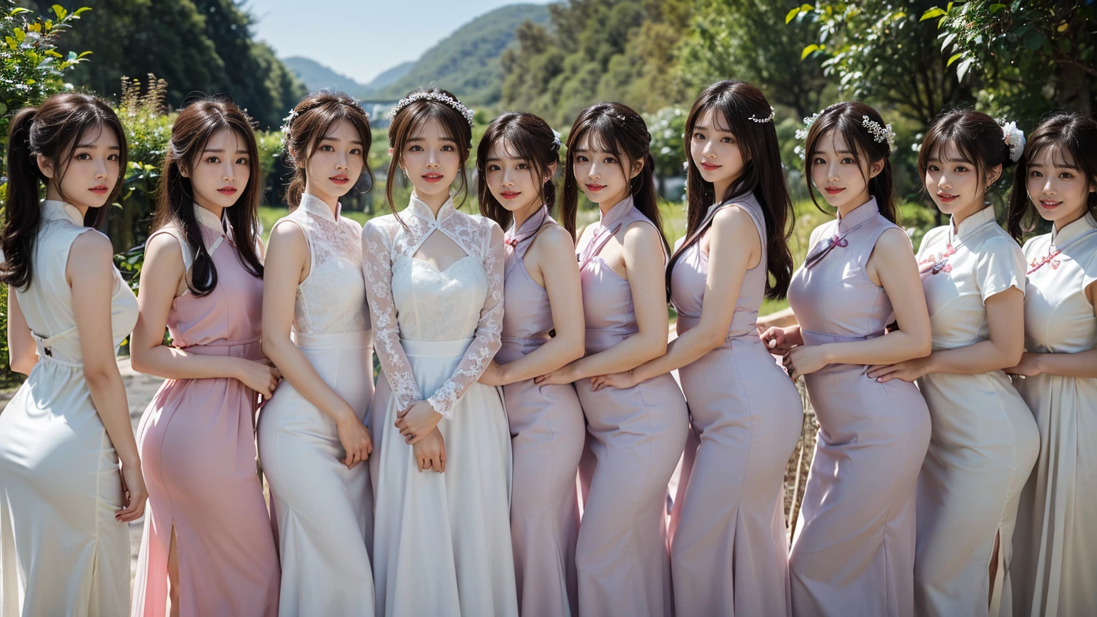 (Highest quality、Ultra-high definition images、32k、masterpiece:1.3)、(Beautiful woman:1.2)、(8 girls:1.3)、Back pose、Shooting from behind)、(Ao Dai)、The panty line is sheer、ponytail、Highly detailed face、Lips Detail、Detailed Eyes、double eyelid、Saggy breasts、Happy smile、Bright photo