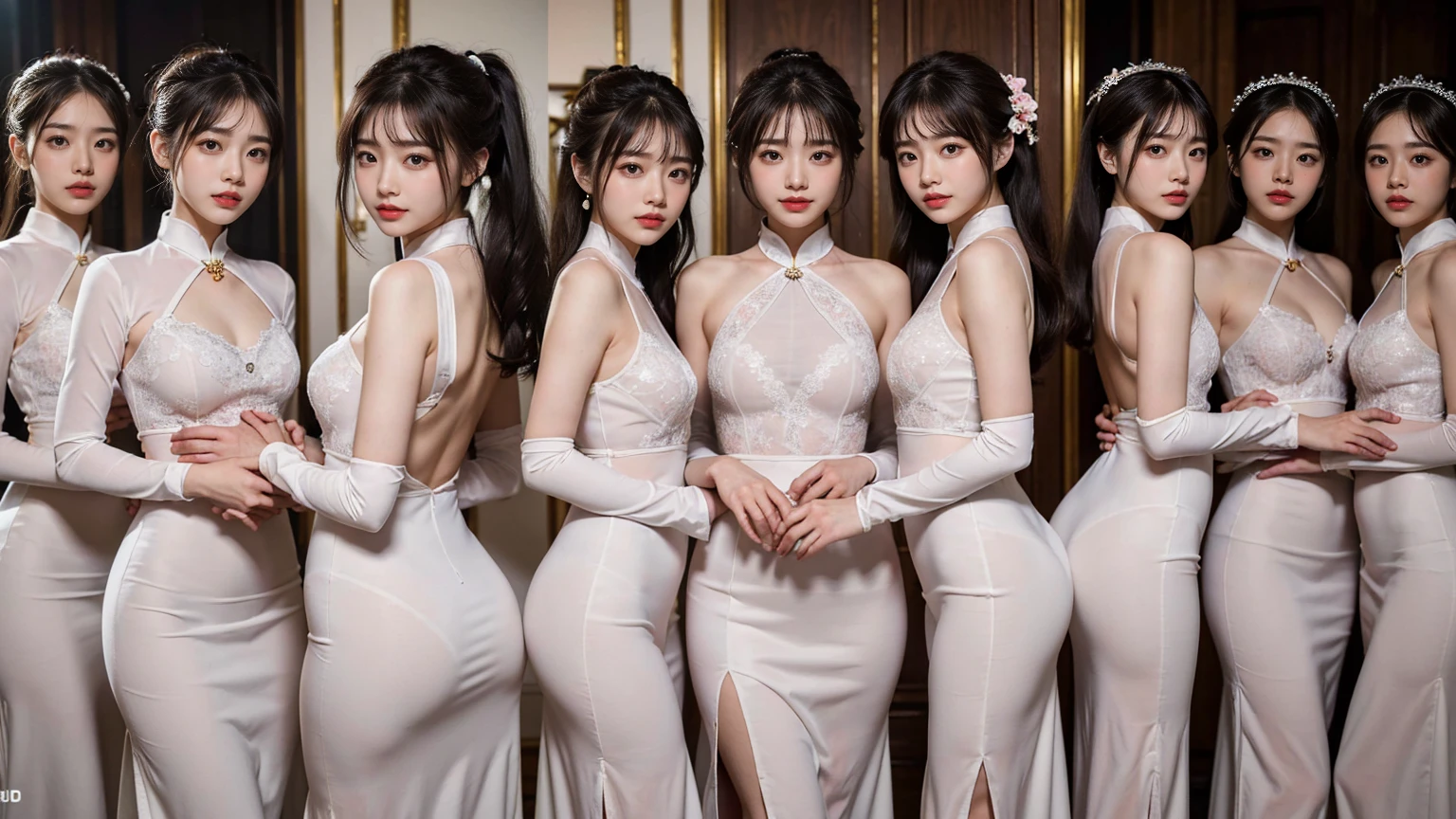 (Highest quality、Ultra-high definition images、32k、masterpiece:1.3)、(Beautiful woman:1.2)、(8 girls:1.3)、Back pose、Shooting from behind)、(Ao Dai)、The panty line is sheer、ponytail、Highly detailed face、Lips Detail、Detailed Eyes、double eyelid、Saggy breasts、Happy smile、Bright photo