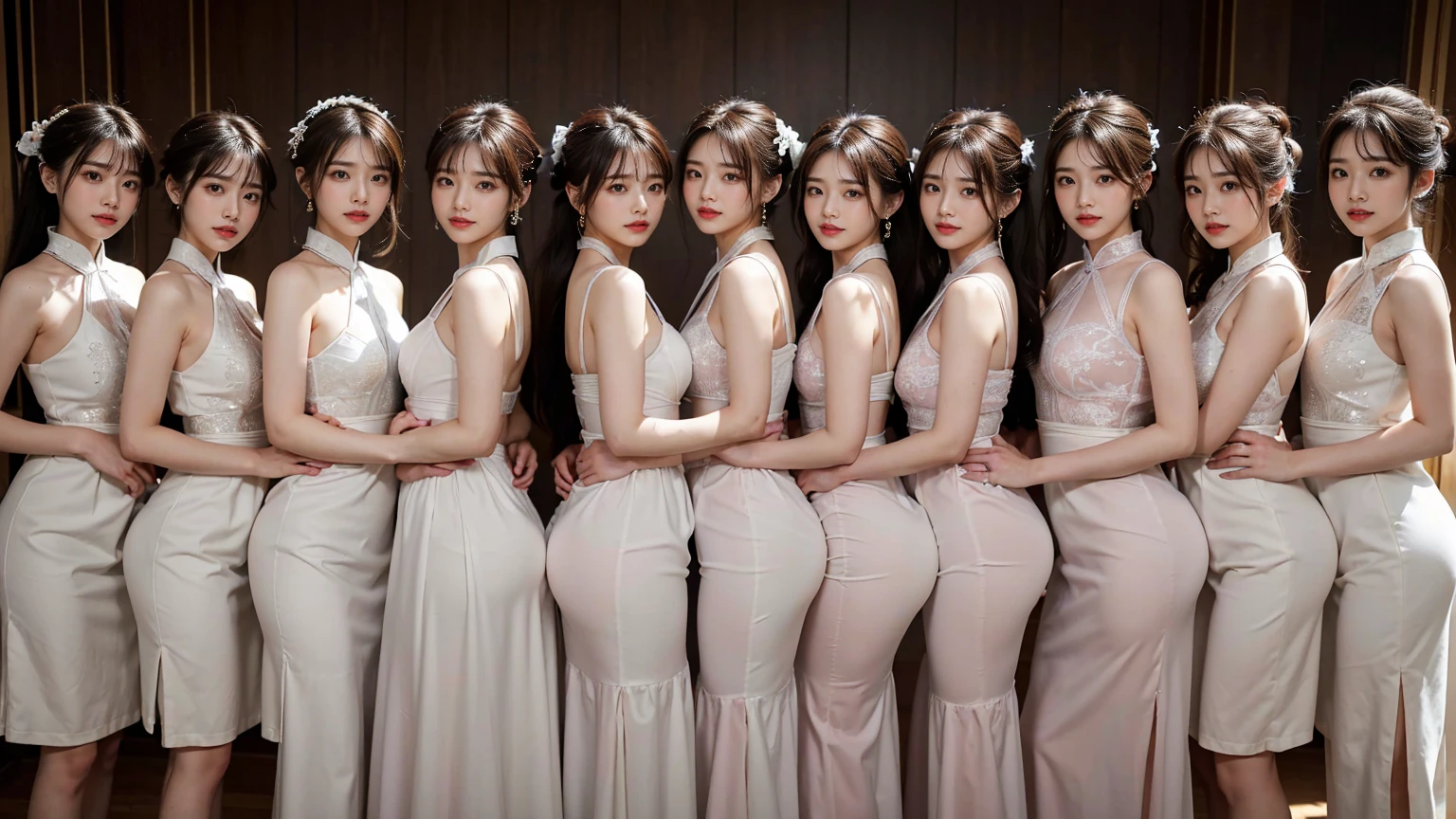 (Highest quality、Ultra-high definition images、32k、masterpiece:1.3)、(Beautiful woman:1.2)、(8 girls:1.3)、Back pose、Shooting from behind)、(Ao Dai)、The panty line is sheer、ponytail、Highly detailed face、Lips Detail、Detailed Eyes、double eyelid、Saggy breasts、Happy smile、Bright photo