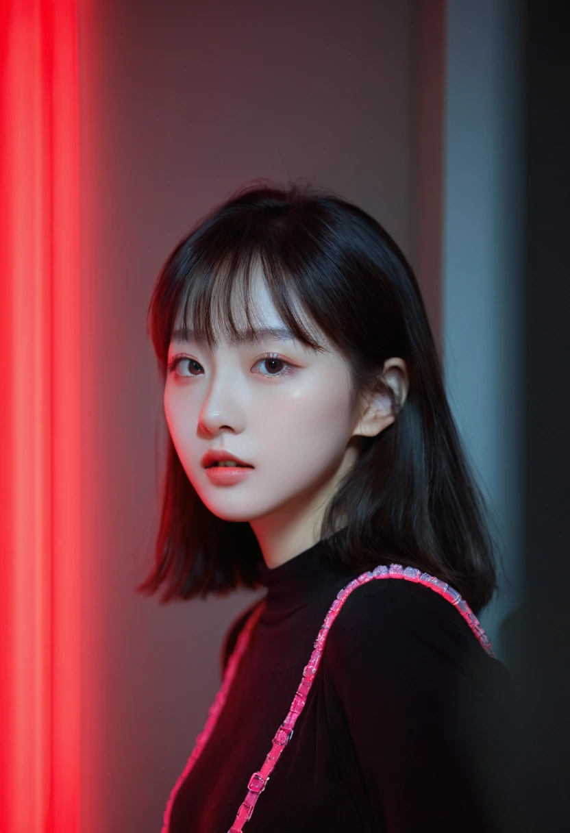 (Upper Body:1.5),8k, Highest quality, 女の子1people, (Skin dents), night, (dark), Indoor transparent background, (people々), Beautiful Bangs, nice,, (Clothing and:1.3),Soft lighting, Charm, dark Room, (Close your mouth:1.2, Beautiful Eyes, Delicate eyes, Detailed Iris, Beautiful Lips, Beautiful Nose, Pretty face),(primary color:1.5)，(Zhou Haoguang:1.5)，(Neon Light:1.8),(Radioluminescence:1.8),Wearing a black mask