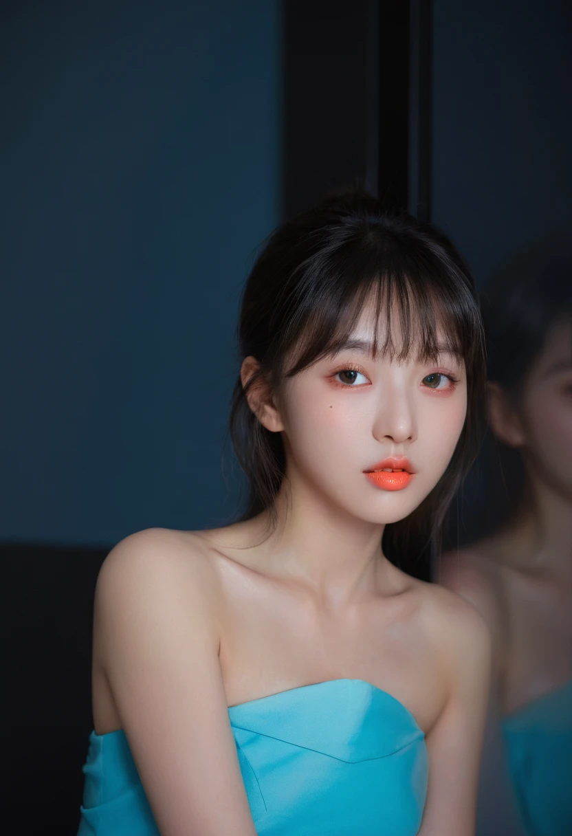 (Upper Body:1.5),8k, Highest quality, 1people, (Skin dents), night, (dark), Indoor transparent background, (people々), Beautiful Bangs, nice,, (Clothing and:1.3),Soft lighting, Charm, dark Room, (Close your mouth:1.2, Beautiful Eyes, Delicate eyes, Detailed Iris, Beautiful Lips, Beautiful Nose, Pretty face),(primary color:1.5),(Zhou Haoguang:1.5),(Neon Light:1.8),(Radioluminescence:1.8),Wearing a black mask