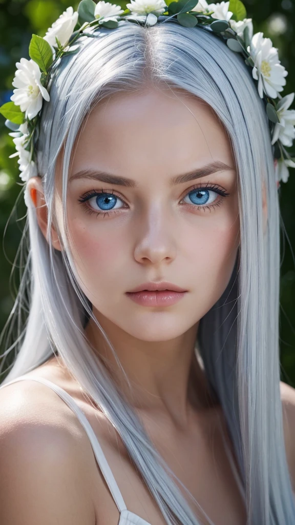 a girl. face sent feeling. Europe. Oval face. long face. delicate facial features. sad eyes. seductively seductive. blue eyes. platinum white hair. wreath on head. Sad and disappointed expression. shy. outdoor