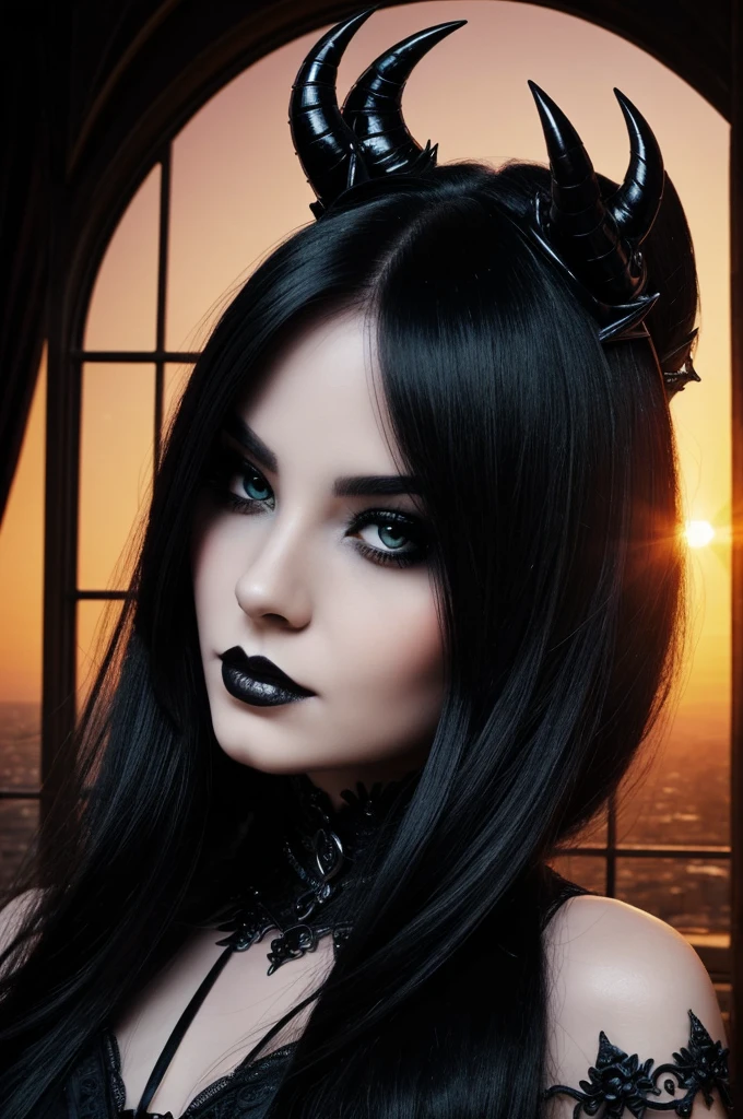((best quality)), ((masterpiece)), (detailed), perfect face  Beauty mistery gothic dark bad bitch sunrise malefic manga demon queen 