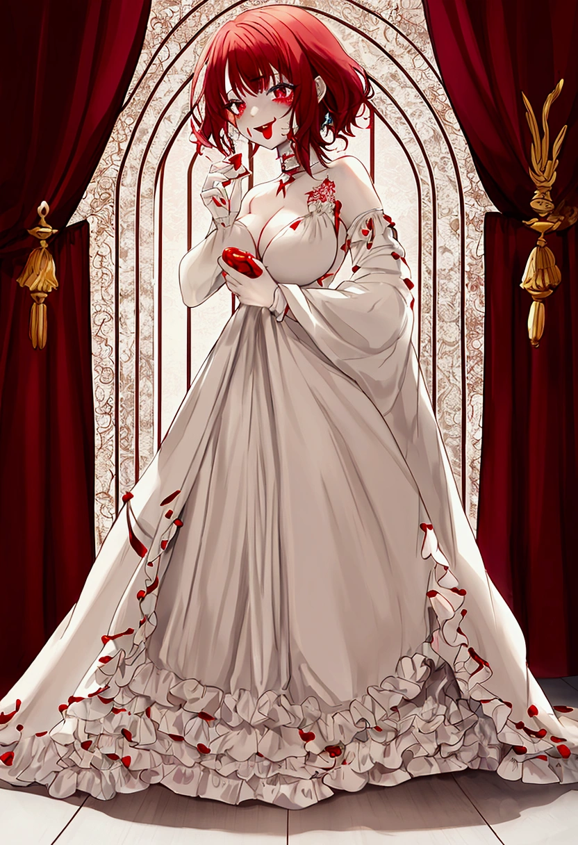 A clown woman with short red hair, with tender expressions, with open mouth and white pastry cream on face. Full body and nude image