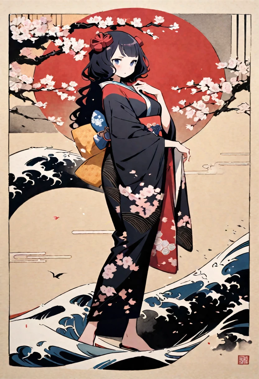 (((Highest quality))), (((Katsushika Hokusai))), (((Ink Painting))), (((reading a book))),((Long Hair)), ((1 girl)), ((cherry blossoms)), ((beautiful girl)), blush、Reading a book, Black Hair, Delicate and precise, Modern ukiyo-e style,