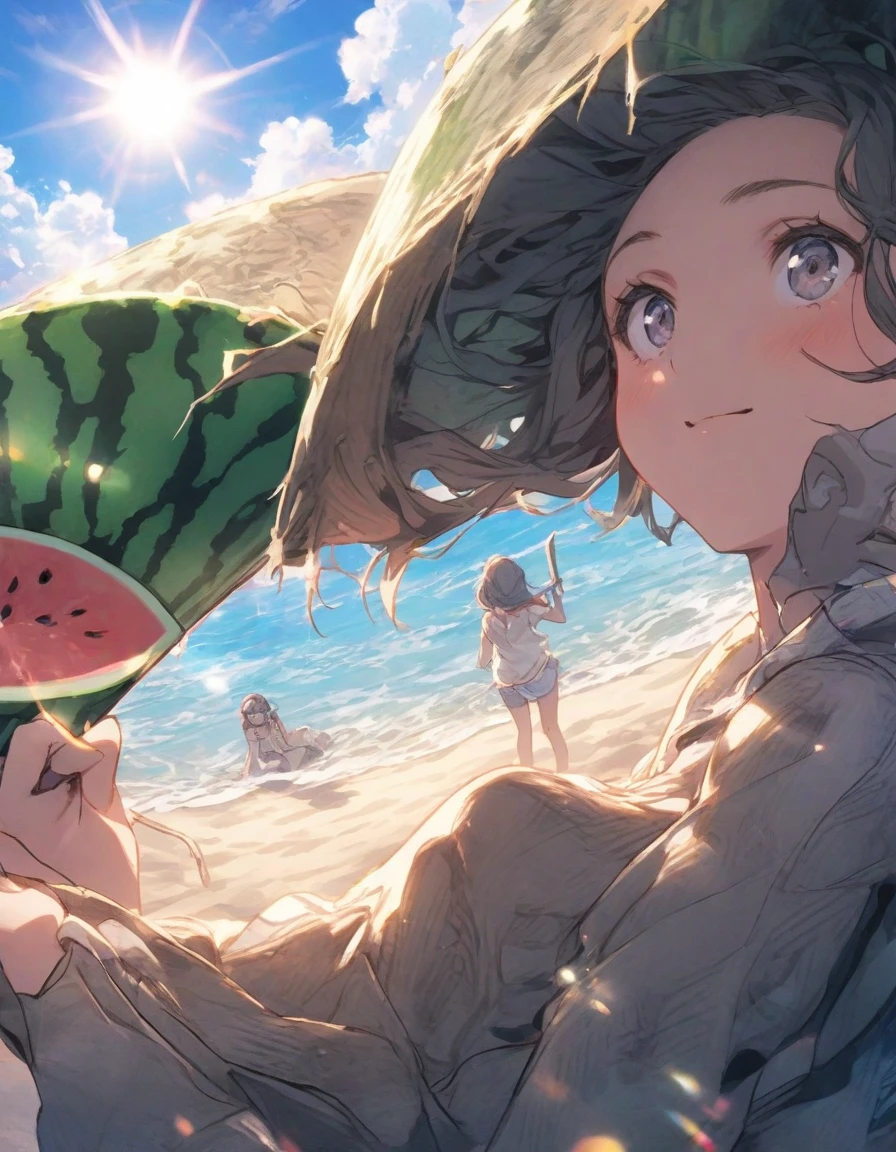 Watermelon splitting, girl buried in sand up to her neck, girl with axe, view from below . Two girls. Looking up. Sandy beaches, sunshine, blue skies,
