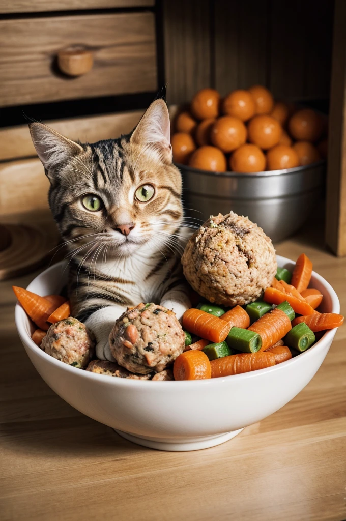 Cat food bowl with turkey meatballs and carrots, natural food for cats, 4k, high quality