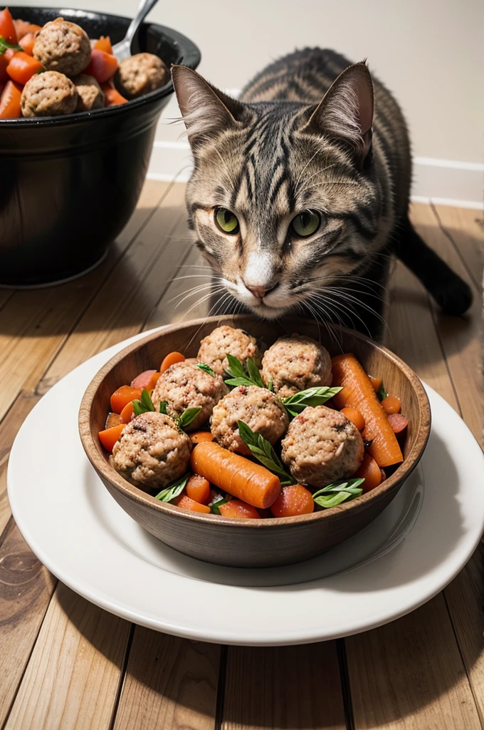 Cat food bowl with turkey meatballs and carrots, natural food for cats, 4k, high quality