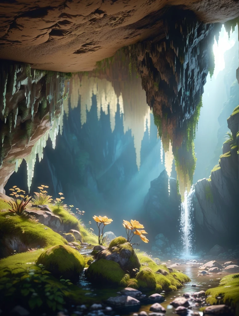 There is a small waterfall flowing out of a cave covered with moss and rocks., Beautiful fantasy cave scene, Plants in the cave, 4k highly detailed digital art, Beautiful 3D concept art, Cave Background, ancient cave, Unreal Engine Digital Painting, Highly detailed digital painting, Highly detailed digital painting, Highly detailed fine stalagmites, Fantastic Cave, Ultra-fine digital