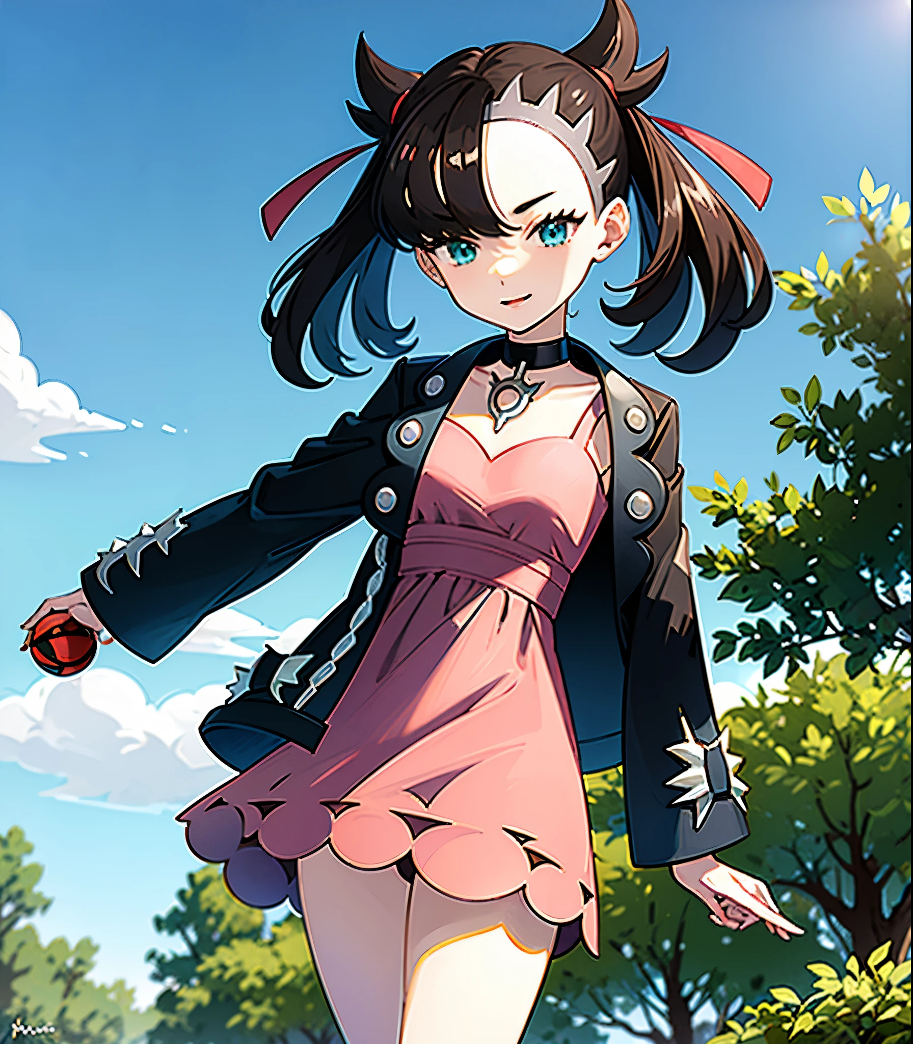 masterpiece, Highest quality, High resolution, Marnie, Aqua Eye, Black choker, Red ribbon, Pink Dress, jewelry, Black jacket, Open clothes, Long sleeve, Cowboy Shot, Are standing, forest, holding Pokéball, Pokéball \(Basic\), smile, Open your mouth,Background is wood々が生い茂るforestです.:1.2,Draw a person in the center of the screen,Depict the top of your head,{{{Perfect hand shape:1.2}}},marnie