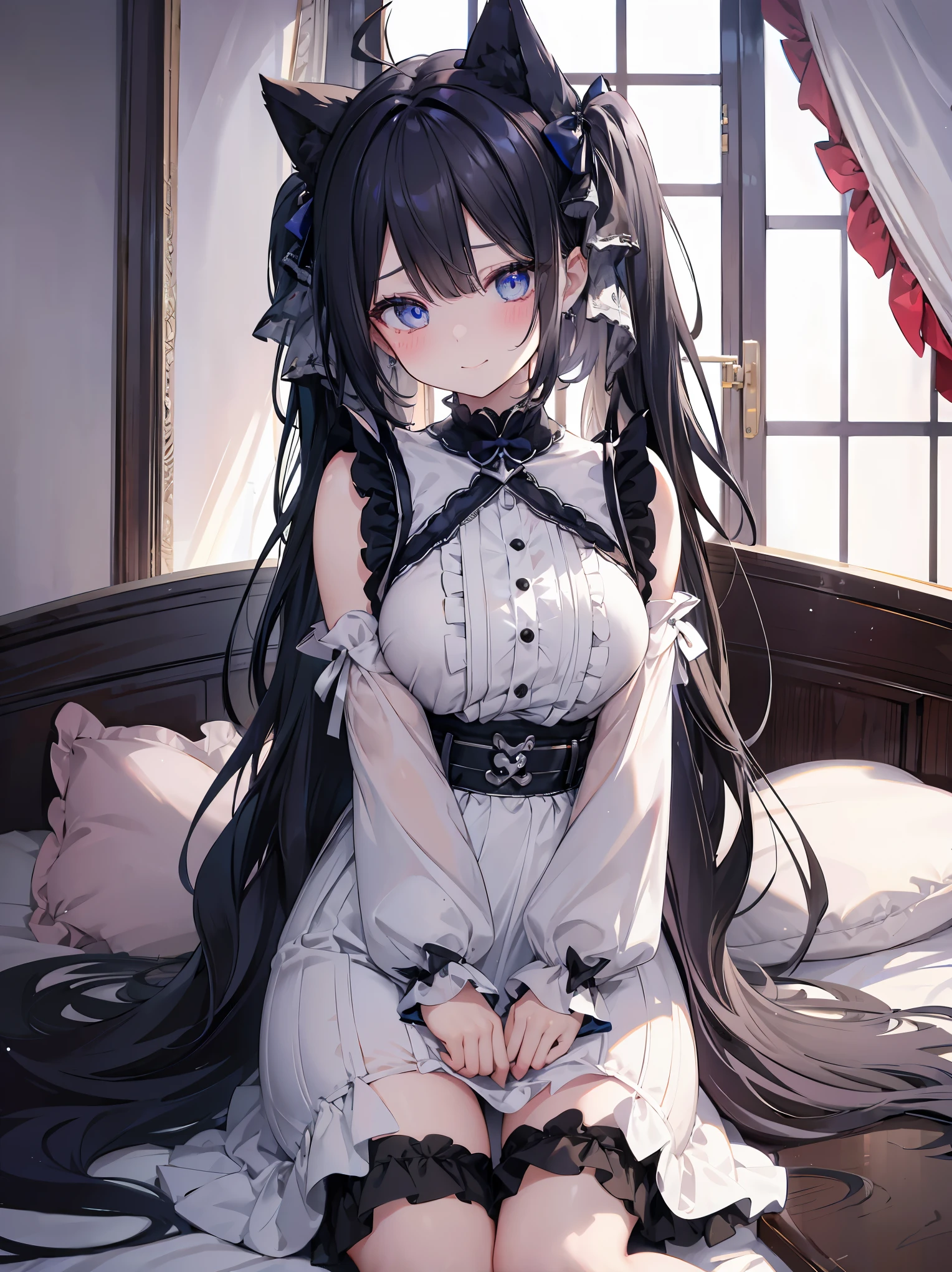 2girls, black and white hair, cat collar black, star-shaped pupil, beautiful detailed eyes, blue eyes, jewel-like eyes, , belly button, japenese girl room, girl on bed, first field view, ahoge, hair over shoulder, very long hair, very thick hair,hugging own legs, beautiful detailed jewel leather collar, animal ears, smile, embarrassed, blush, tearing up, high detail, anime, Romanticism, sparkle, silhouette, depth of field, UHD, retina, masterpiece, ccurate, anatomically correct, textured skin, super detail, high details, award winning, best quality, highres, high quality, 16k