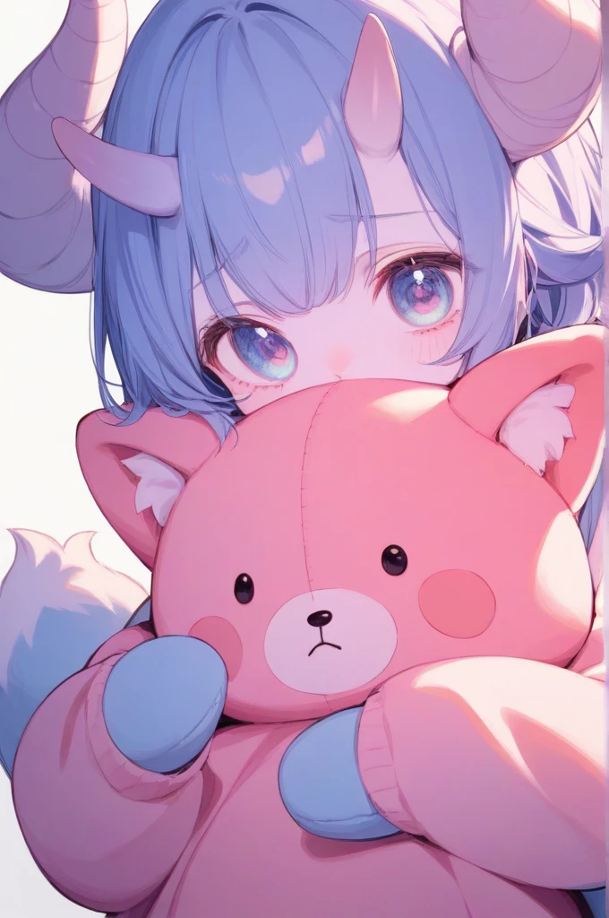 In a pastel blue color scheme、Create adorable, fluffy characters。The characters have soft, round bodies.、They have small, round eyes。With a slightly sad look、Curiously holding a smartphone。The character has small horns.、The fur is as soft and fluffy as a stuffed animal.。The design is simple、Use bold lines and soft, gentle colors.。