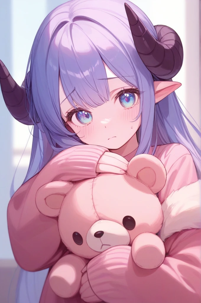 In a pastel blue color scheme、Create adorable, fluffy characters。The characters have soft, round bodies.、They have small, round eyes。With a slightly sad look、Curiously holding a smartphone。The character has small horns.、The fur is as soft and fluffy as a stuffed animal.。The design is simple、Use bold lines and soft, gentle colors.。