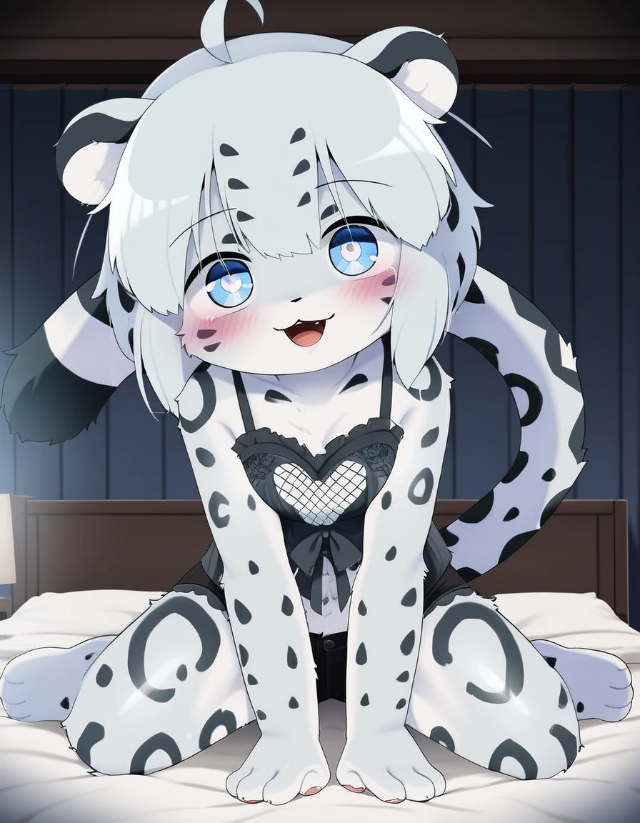 solo, 1girl, female, dagasi_style, cheetah white skin,, furry, kemono, anthro, cute face, young, white hair, blue eyes, fluffy body, body fur, short hair, ahoge, bangs, animal ears, tail, leopard ears, leopard tail, detailed eyes, brilliant eyes, 4 fingers, pawpads, perfect anatomy, detailed skin, detailed eyes, detailed lips, perfect hands, perfect face, happy, :D, wearing lace lingerie, BREAK seated on bed, bed, bedroom, blue room, looking at viewer, indoors, colorful, dutch angle, BREAK ((ultra-detailed)), ((best quality)), ((best quality)), ((beautiful eyes)), ((extremely detailed)), 4K, (8K), best quality, (beautiful), Master piece, highres, score_9, score_8_up, score_7_up, score_6_up, colorful, best quality, official art, highres, masterpiece, nai3, god light, detailed background, high quality background,AddXL