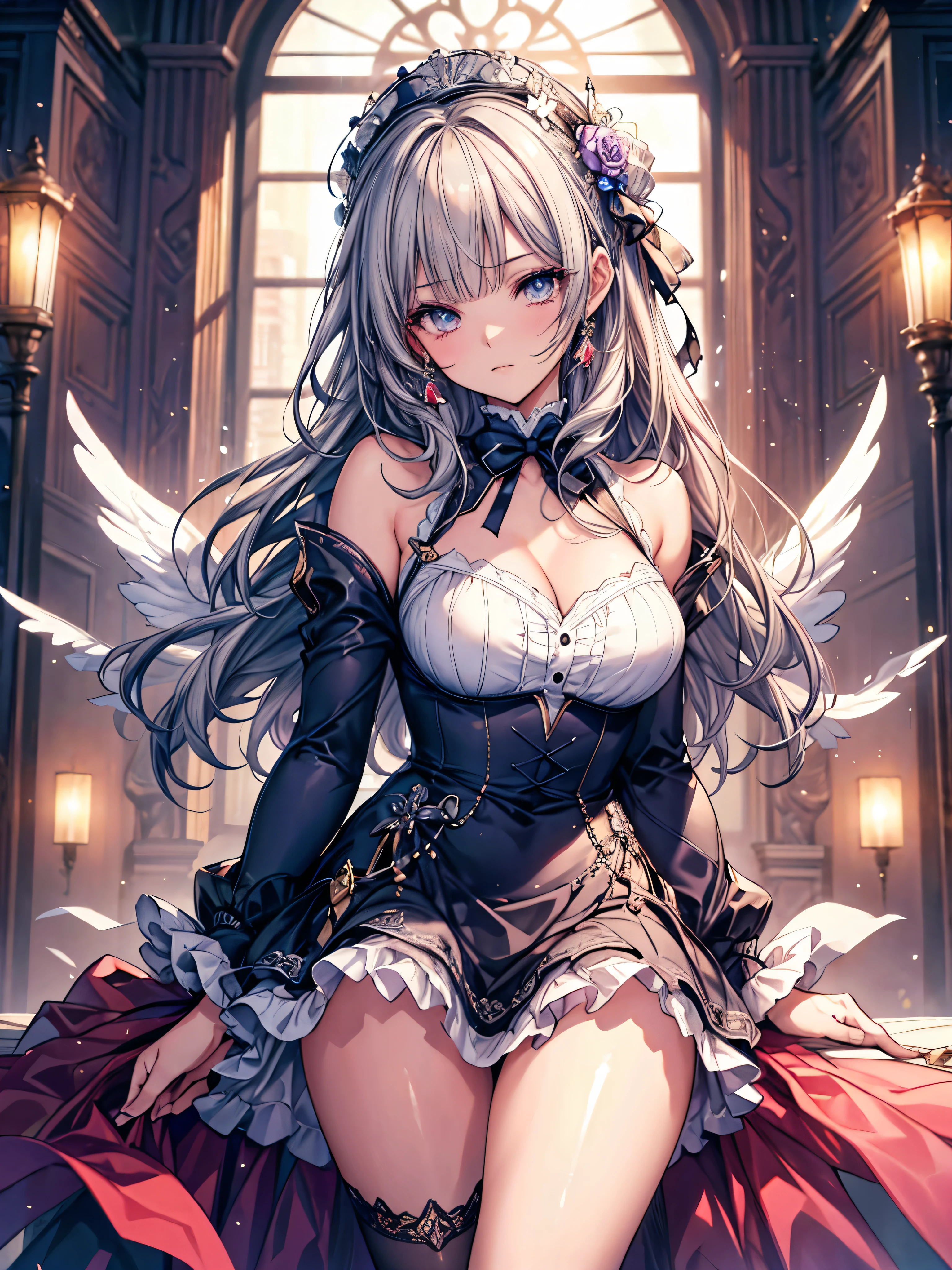 masterpiece, highest quality, High resolution, SA1, Ruffled dresses, Sparkly eyes, thighs, false eyelashes, Cute atmosphere, straight hair, ribbon,