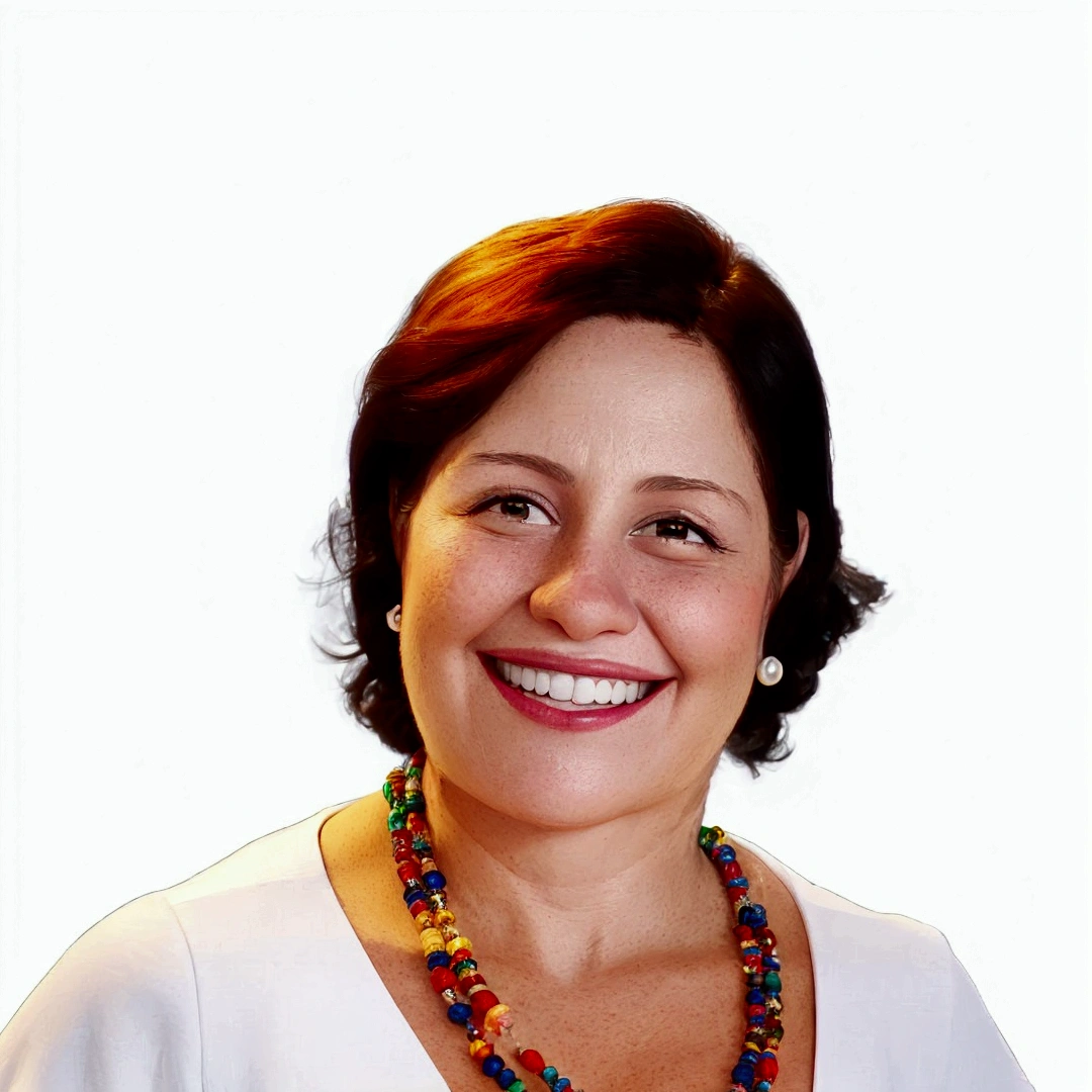 smiling woman with multicolored necklace and white shirt against white background, Magda Torres Gurza, fernanda suarez, brush pile, Carola Rubio, lorena avarez, Blanca Alvarez, alanis guillen, Caroline Gariba, olivia de bernardinis, Julia Fuentes, valentine shuffle, sandra chevier, andrea rocha, adriana dxim