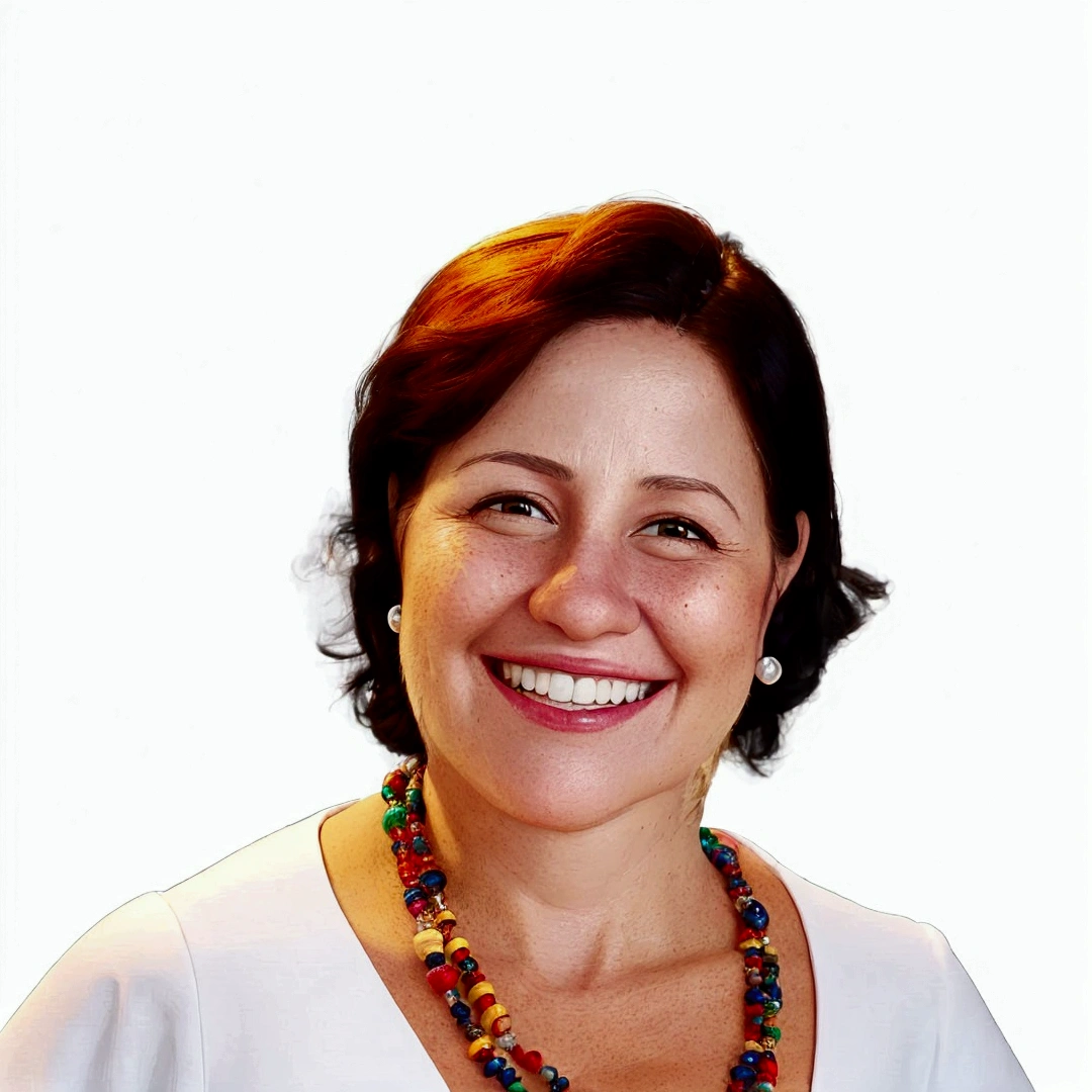 smiling woman with multicolored necklace and white shirt against white background, Magda Torres Gurza, fernanda suarez, brush pile, Carola Rubio, lorena avarez, Blanca Alvarez, alanis guillen, Caroline Gariba, olivia de bernardinis, Julia Fuentes, valentine shuffle, sandra chevier, andrea rocha, adriana dxim