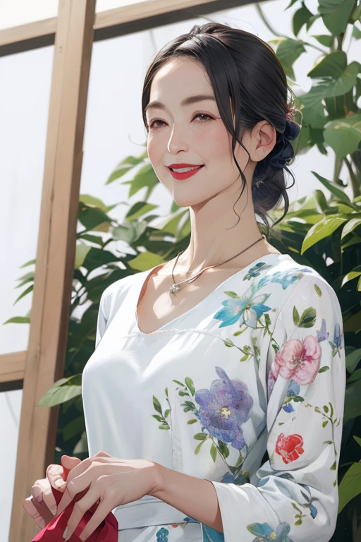 Beautiful mature 55 year old Japanese woman, Married women, Fine Lines, Fine wrinkles, Long eyelashes, Shining Eyes, Low Ponytail, Wearing sunglasses, Red lipstick, smile, elegant, Gorgeous figure, Pearl Necklace, Summer clothes, Open-chested clothing, Low-cut blouse, Floral print slit skirt, Holding a bouquet, whole body, Shooting on green grass, (Highest quality,4K,8k,High resolution,masterpiece:1.2),Very detailed,(Realistic,photoRealistic,photo-Realistic:1.37),High resolution,超High resolution,Studio Lighting,Ultra-fine painting,Sharp focus,Physically Based Rendering,Very detailed説明,Professional,Vibrant colors,Bokeh,Portraiture