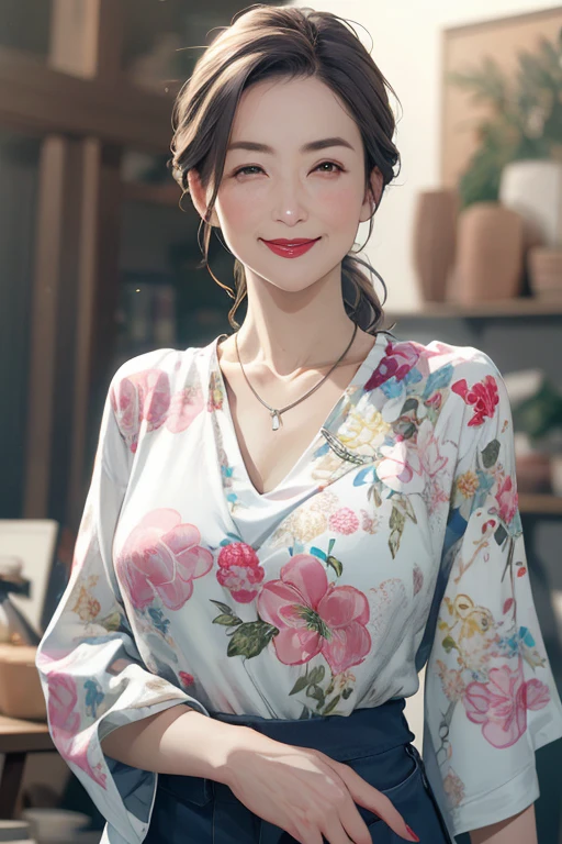 Beautiful mature 55 year old Japanese woman, Married women, Fine Lines, Fine wrinkles, Long eyelashes, Shining Eyes, Low Ponytail, Wearing sunglasses, Red lipstick, smile, elegant, Gorgeous figure, Pearl Necklace, Summer clothes, Open-chested clothing, Low-cut blouse, Floral print slit skirt, Holding a bouquet, whole body, Shooting on green grass, (Highest quality,4K,8k,High resolution,masterpiece:1.2),Very detailed,(Realistic,photoRealistic,photo-Realistic:1.37),High resolution,超High resolution,Studio Lighting,Ultra-fine painting,Sharp focus,Physically Based Rendering,Very detailed説明,Professional,Vibrant colors,Bokeh,Portraiture