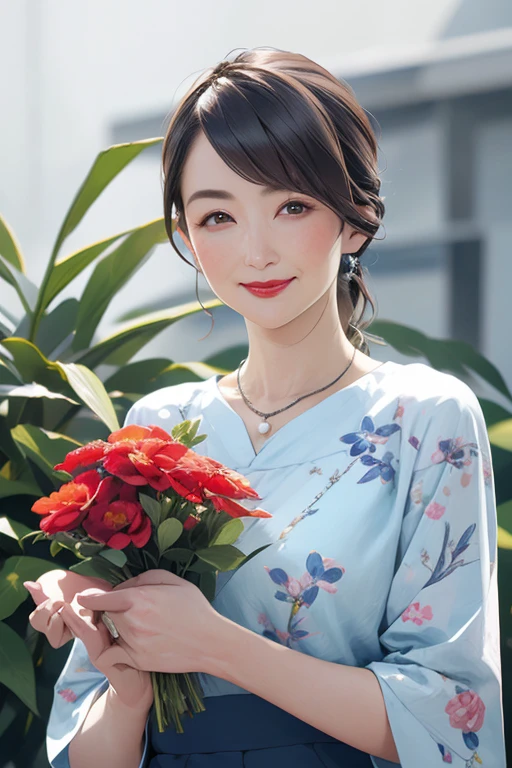 Beautiful mature 55 year old Japanese woman, Married women, Fine Lines, Fine wrinkles, Long eyelashes, Shining Eyes, Low Ponytail, Wearing sunglasses, Red lipstick, smile, elegant, Gorgeous figure, Pearl Necklace, Summer clothes, Open-chested clothing, Low-cut blouse, Floral print slit skirt, Holding a bouquet, whole body, Shooting on green grass, (Highest quality,4K,8k,High resolution,masterpiece:1.2),Very detailed,(Realistic,photoRealistic,photo-Realistic:1.37),High resolution,超High resolution,Studio Lighting,Ultra-fine painting,Sharp focus,Physically Based Rendering,Very detailed説明,Professional,Vibrant colors,Bokeh,Portraiture
