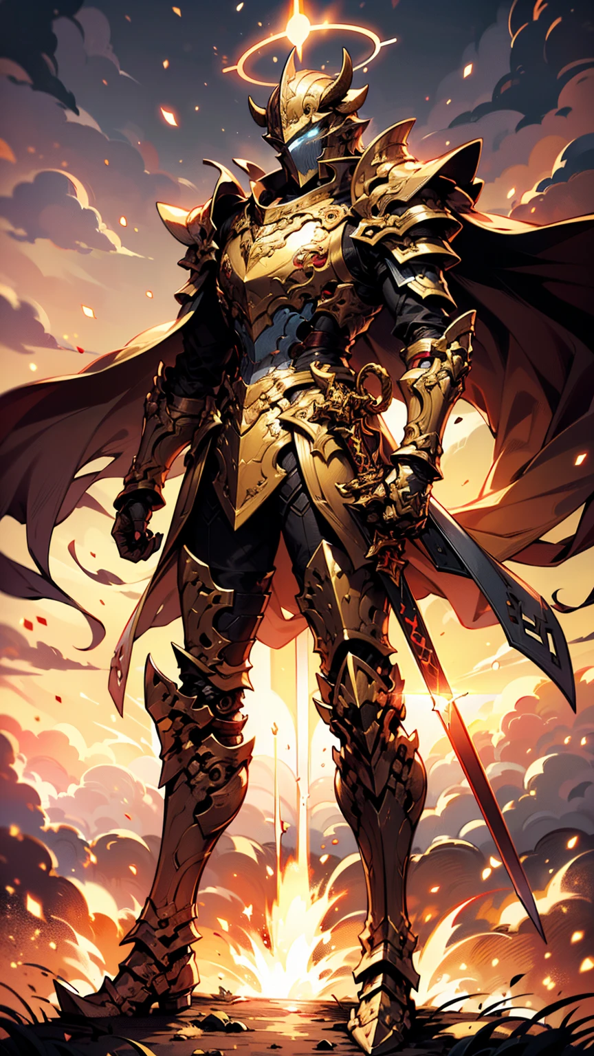 8K quality,(super masterpiece:1.3),Highest quality,Detailed Images,1 male,knight,pocket(Full Face,Two cow horns),armor(Silver Full Armor,Golden decoration),(Wear a red cloak,Red Cape),sword(燃えるsword,Hold the handle with your right hand),(background:Burning image,sunset,幻想的なsunset,The End,The end of the world,grassland,Takayama,Halo effects),(Whole body image,Standing with your legs apart),(Face directly towards the camera,Looking directly at the viewer,looking at the camera,The body faces the viewer,The body is facing the direction of the camera,Face looking straight into the camera).