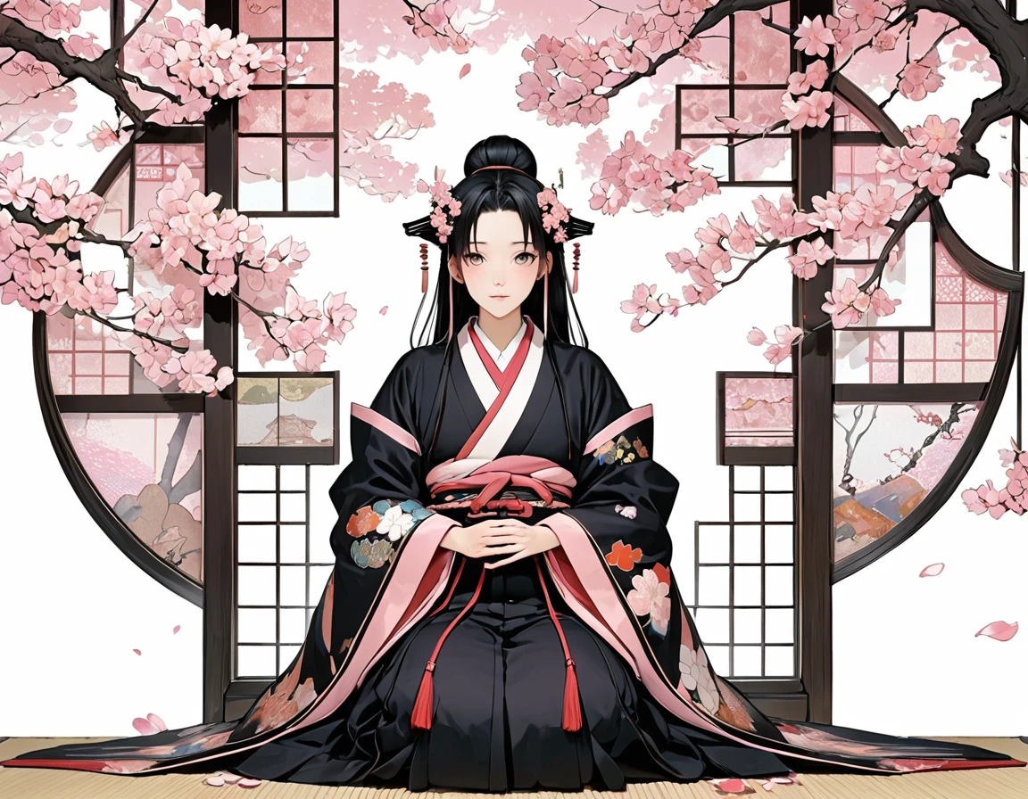 Beautiful Princess、alone、Esbian all over body、Diagonally from the side、Sit upright on the floor、Japanの貴族の豪華な装束、Wear wide-sleeved jackets on the outside、Long robe-like hem、The beauty of a pale pink layered collar、silk、Layered、The hem of the hakama is long、dream-like、elegant、BREAK 、Straight, long, beautiful black hair、Long black hair is a sign of beauty、BREAK 、The length of the hem of your costume is a sign of beauty、Aesthetics of Color、A sense of layered colors、Japan_Travel back in time to the Heian period、Genjimonogatari、The Tale of Genji、White Background、Image of cherry blossom petals、Dreamy、The King's Residence