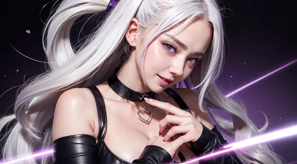 1girl,heart-shaped pupils,fingernails,hands on own face,white hair,purple eyes,(blush:1.1),choker,upper body,trembling,sweat,sweatdrop,heart,(speed lines:1.1),medium breasts, ((heavy breathing:1.3)), love, heart, crop top, happy, smile
