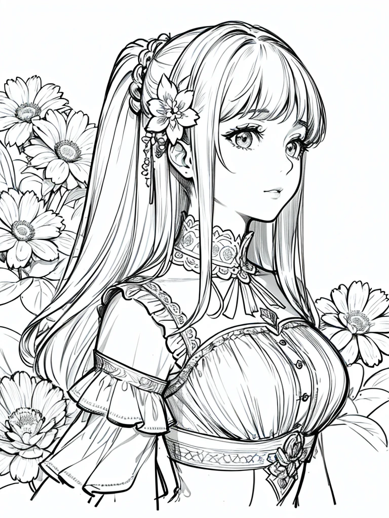 masterpiece, superlative, 1 girl , solo, bust closeup, flower line drawing background, white background, monochrome, line drawing, ((sketch))