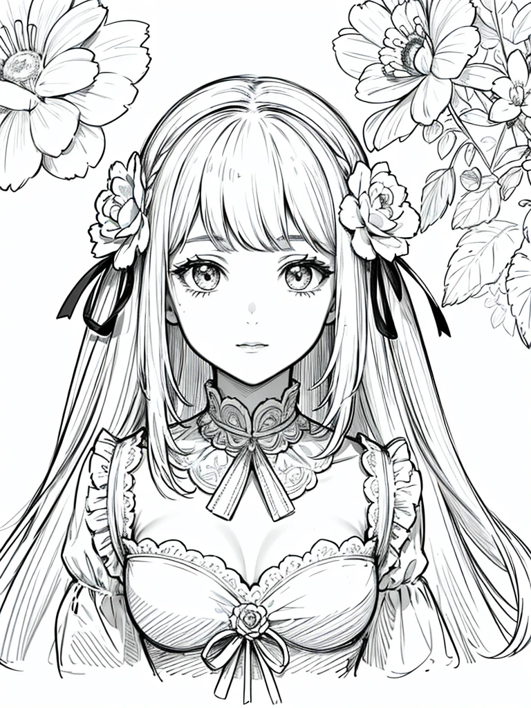 masterpiece, superlative, 1 girl , solo, bust closeup, flower line drawing background, white background, monochrome, line drawing, ((sketch))