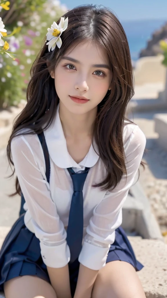 (Realistic), Obra maestra, La mejor calidad, ultra-high resolution, Foto de alto detalle, Unidad 8K Fondo de pantalla, CG extremadamente detallado:1.2), depth of field, bokeh, (Foto RAW:1.realistic photography:1.4), (1girl:1.5), joven, physically based representation, beautiful, (Cara finamente detallada:1.4, Ropa detallada), (Detallado:1.4) named (Eimi Fukada:1.1) BREAK Cara hermosa, Profundidad de campo, Agregar capa, hiperrealista, 27 years old, Modelo de cuerpo perfecto, senos perfectos, 175cm de altura, pose sexy, full body, cuerpo completo, Tipo de cuerpo del modelo, BREAK (extreme skin details:1.3), skin details, (school uniform:1.3), doble parpado BREAK smile, Seductive pose, sitting, sitting outside, Santorini streets, outdoor, Mediterranean style, Santorini, (close shot:1.1), (Zoom Shot:1.3), (flower on hair:1.5)