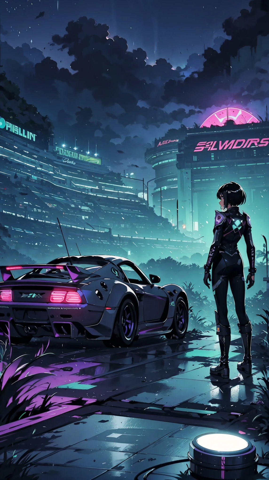 Panoramic view of the neon-drenched ruins of the Circuit Eclipse racetrack. The once-grandstands are now skeletal silhouettes against the foggy night sky. A lone racer, clad in a shimmering latex suit, stands amidst the overgrown weeds. Their vaporwave-painted sports car sits silently beside them, its decals glowing like a beacon in the darkness, ((Best quality)), ((masterpiece)), (detailed:1.4), fighting (High Dynamic Range), Super-Resolution, ,Subsurface scattering, PBR Texturing, Post-processing,Anisotropic Filtering, Depth-of-field, Maximum clarity and sharpness, Multi-layered textures, Albedo and Specular maps, Surface shading, Accurate simulation of light-material interaction, Perfect proportions, Octane Render, Two-tone lighting, Wide aperture,Low ISO, White balance, Rule of thirds