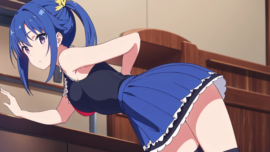 Girl dressed in black and white gothic lolita with stockings, blue hair, Red eyes, short skirt with small breasts, pink display in the room, high quality 2k masterpiece.