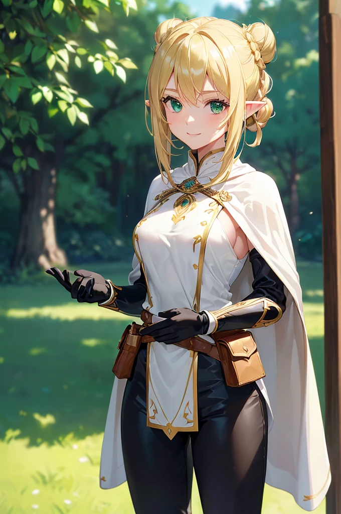 (((masterpiece; best quality: 1.2))), (finely detailed eyes: 1.3), (25 year old elf woman), (solo), (green eyes: 1.4), (body; buxom, fit, femenine: 1.3), (silky blonde hair in low bun: 1.3), (beautiful and clear background: 1.2), ((depth of field)), (equipment: adventurer attire + modest + long white tunic + black cape + black pants + gloves + belt + pouches: 1.3), (anime illustration: 1.2), (background composition; royal garden: 1.1), (extremely fine and beautiful: 1.1), (shot composition; standing + centered on torso + close-up: 1.5), (expression; calm, smile: 1.2)