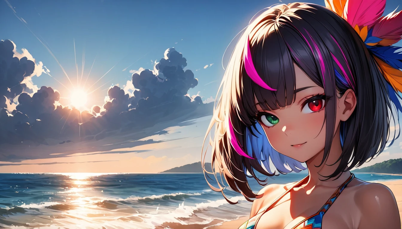 (highest quality:1.2, Very detailed, up to date, Vibrant, Ultra-high resolution, High Contrast, masterpiece:1.2, highest quality, Best aesthetics), Portraiture、girl, solo, 20-years-old, slim, , heterrochromia, green eye, red eye, Bright colors、Beautiful fine details、Beautiful lip detail、extra short hair, ((bob cut:1.5))、pink and purple ((streaked hair:1.9)), (highlights hair: 1.6), ((medium breast:1.4), (tan skin:0.7), (Aztec-inspired-bikini:1.4), beautiful beach, day, (sun shine), blue sky、Resolute expression、full body, (sitting on the beach:1)
