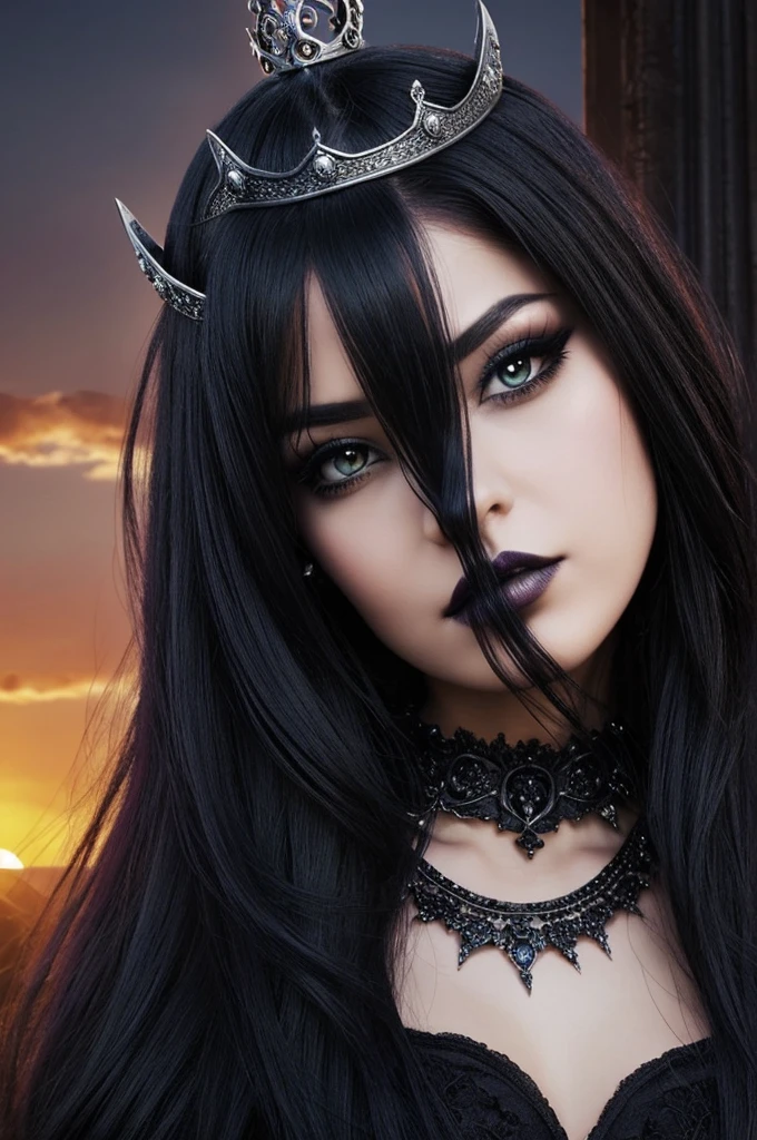 ((best quality)), ((masterpiece)), (detailed), perfect face Beauty mistery gothic dark bad bitch sunrise malefic manga demon queen crown