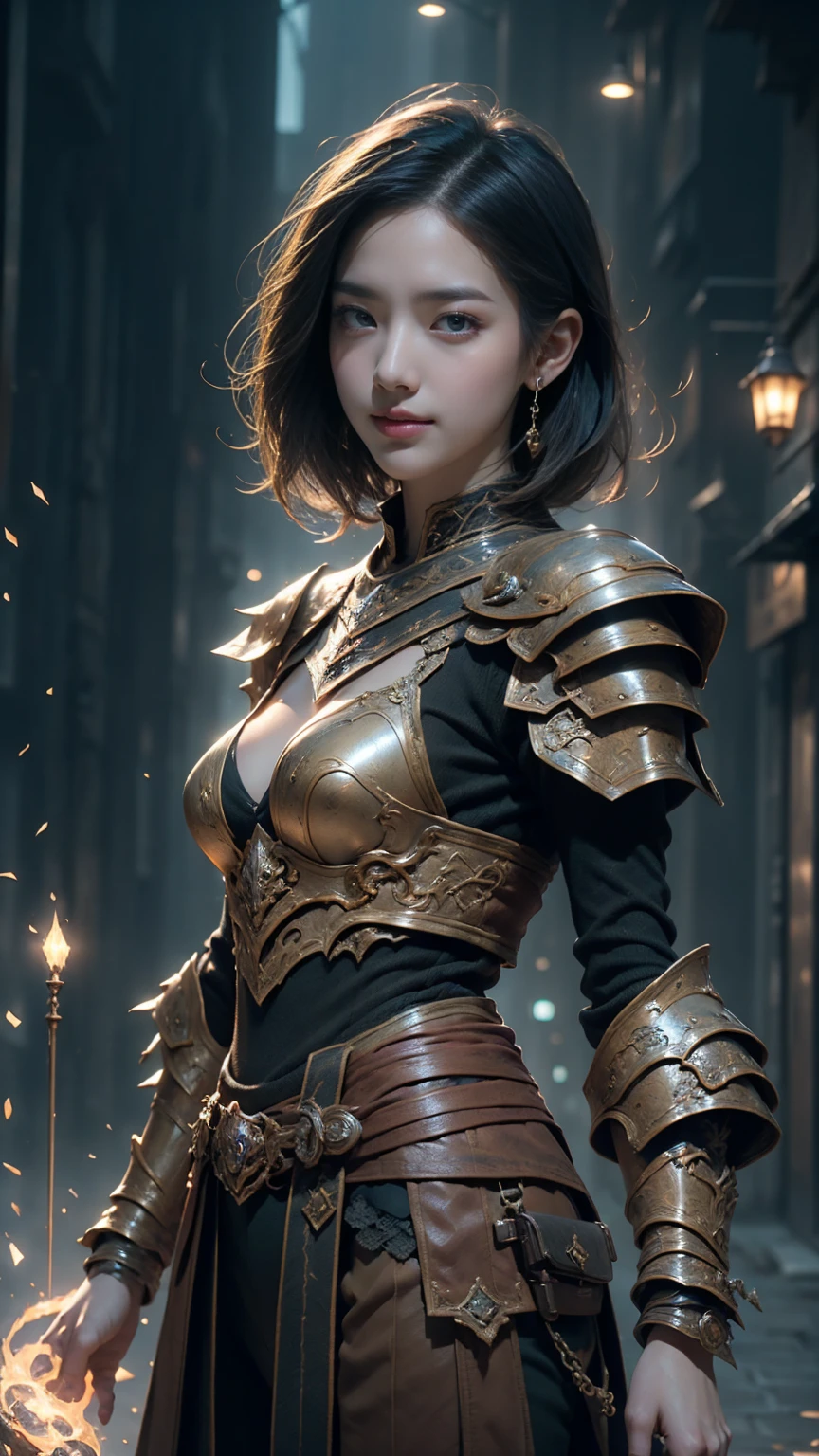 Game art,The best picture quality,Highest resolution,32K,(A bust photograph),(Portrait),(Head close-up),(Rule of thirds),Unreal Engine 5 rendering works, (The Girl of the Future),(Female Warrior), 20-year-old girl, elegant smile, short hair, ((Hunter)),An eye rich in detail,(Big breasts),Elegant and noble,indifferent,brave, (Medieval-style fur combat clothing, sexy lace top,Glowing magic lines,Animal skin clothing with rich detailedieval Lady Knight,Medieval ranger, photo poses,simple background,Movie lights,Ray tracing,Game CG,((3D Unreal Engine)),OC rendering reflection pattern
