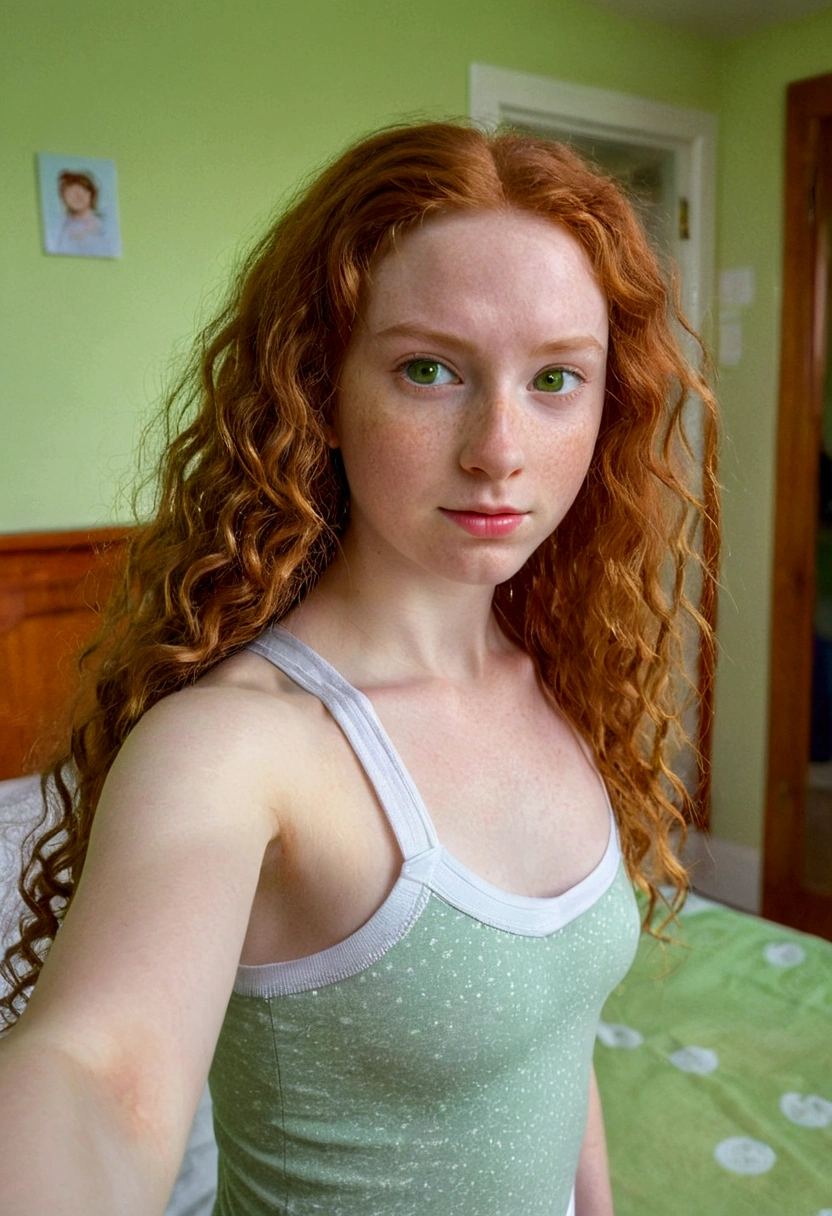 A red-haired girl, 15 years, pale white skin, green eyes, very long curly hair, round face, small upturned nose, Small ears, athletic body, Wide hips, con panty , in a bedroom, with children&#39;s decorations, taking a selfie, sad smile, upset, hyperrealism, Ray Tracing, NIKON, 16k, best quality, award winning, high details, super detail, textured skin, anatomically correct, masterpiece