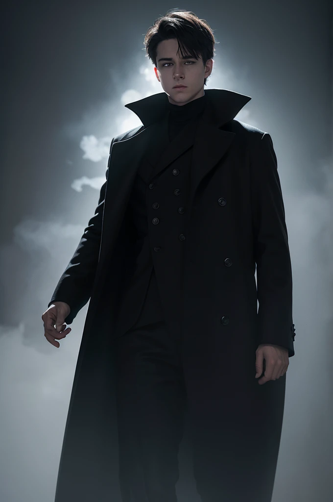 white boy, white eyes wearing a black overcoat and black fog in the background.