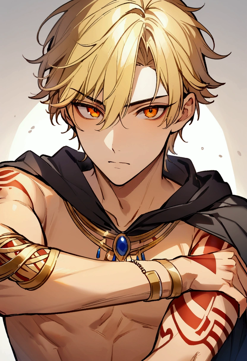 Handsome young man, blond, Orange Eyes, short hair, Black Hoodie,high quality, Draw Amount, pixiv illustrations,Egyptian Dress Up,Gold Jewelry,Tanned skin,Red tattoo on the arm,Topless