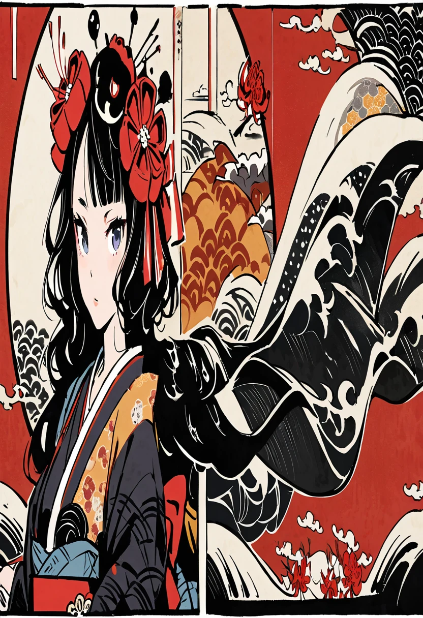 Highest quality, ((reading a book)),Reading a book,Katsushika Hokusai, Ink Painting, (((Long Hair))), (((Light black kimono))), (((Big red ribbon on head))), Red Higanbana, beautiful girl, Black Hair, Delicate and precise, Modern ukiyo-e style,